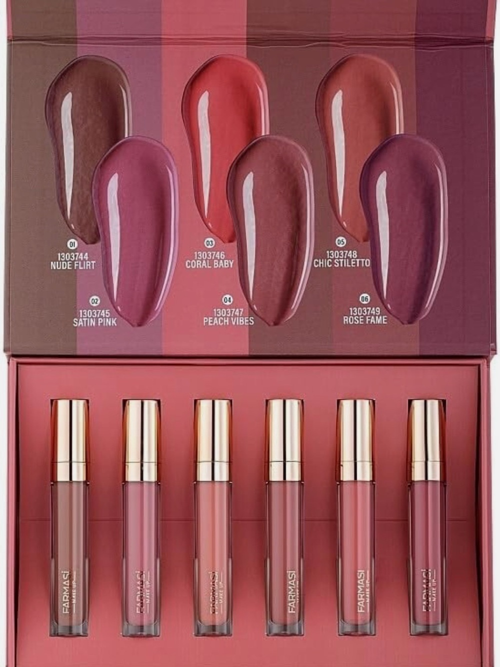 Farmasi Six-Piece Lip Gloss Set — Nude, Pink, Coral, Peach, Rose, Mauve Shades